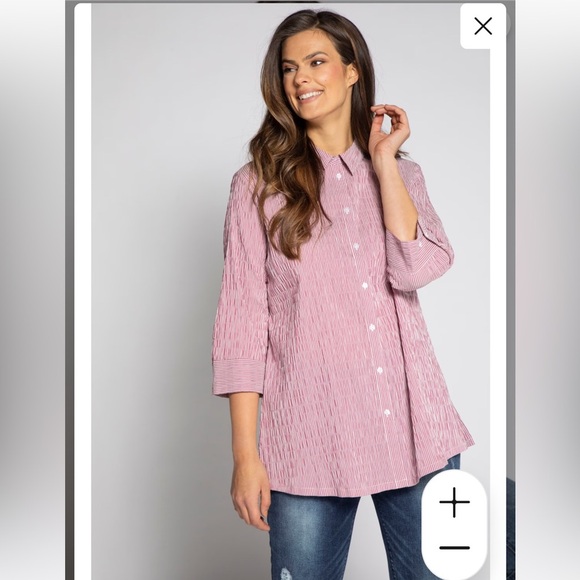 ULLA POPKEN Textured Stripe Button Front Stretch Blouse Sz 12/14 Magnolia Red - Picture 3 of 14